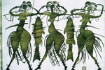 Дівчата, що несуть рибу, 2001 р., 34х43, папір, змішана техніка 